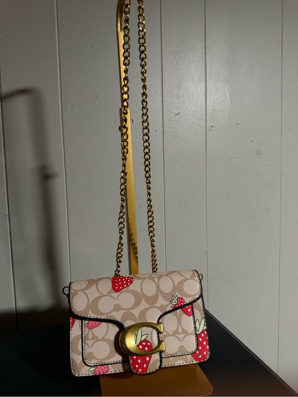 Coach Beige Signature Strawberry Crossbody with Gold Chain